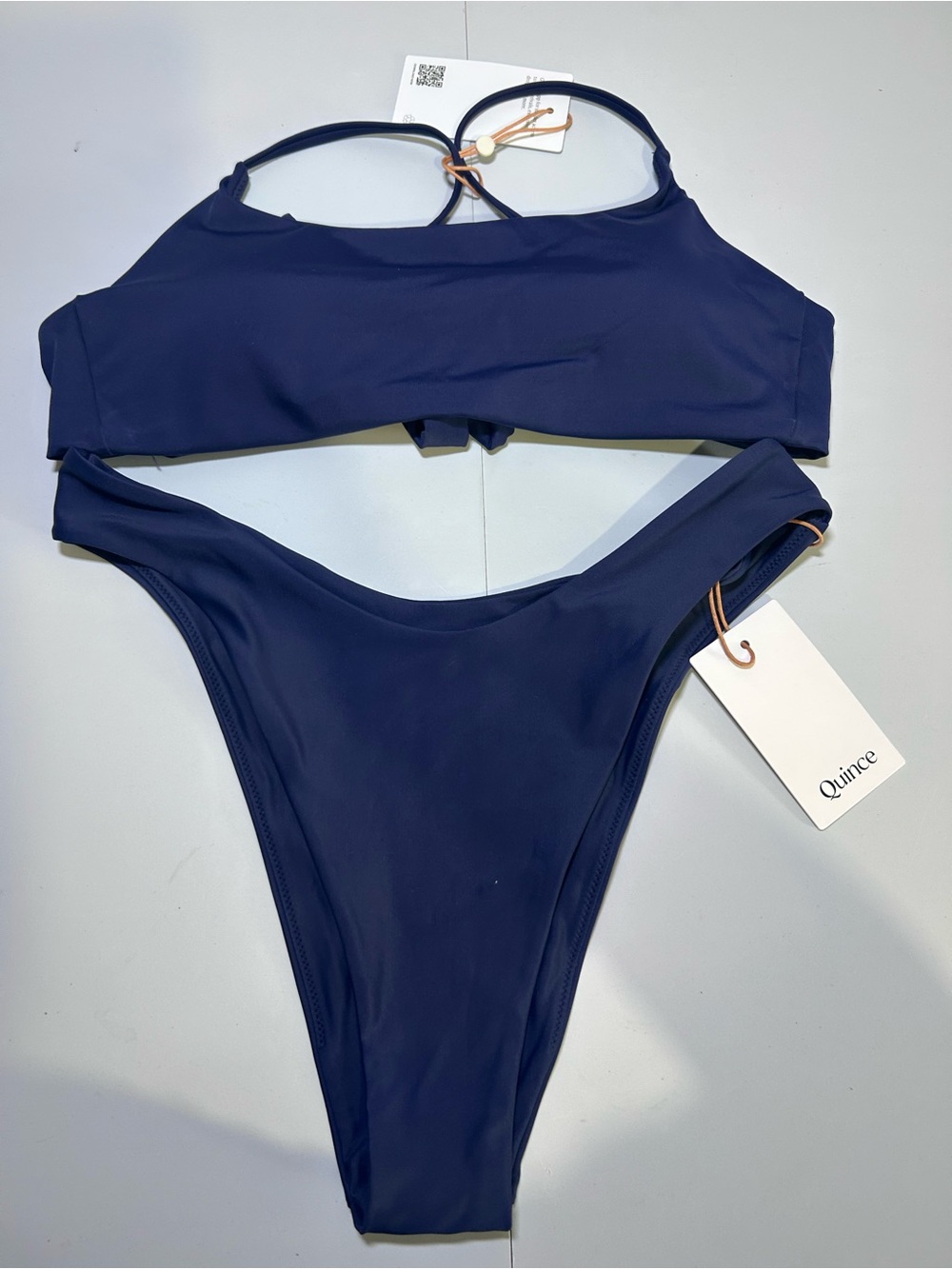 Quince Blue Bikini Set Medium Tie Back Bandeau Top High Cut Bottoms NWT